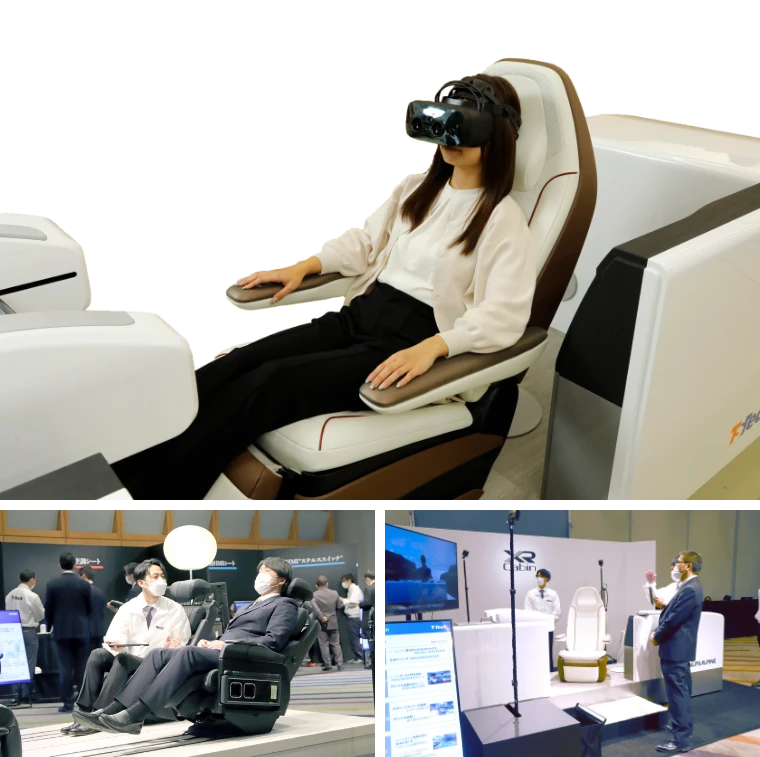 上:次世代車をイメージしたシートに座っている人の写真。ゴーグルを装着し、映像を楽しんでいる。 左下:製品展示会においてシートに座っている2人が会話をしている様子。 右下:製品展示会においてモニターの映像を見せながら技術をアピールしている社員と、説明を熱心に聞いている人。
